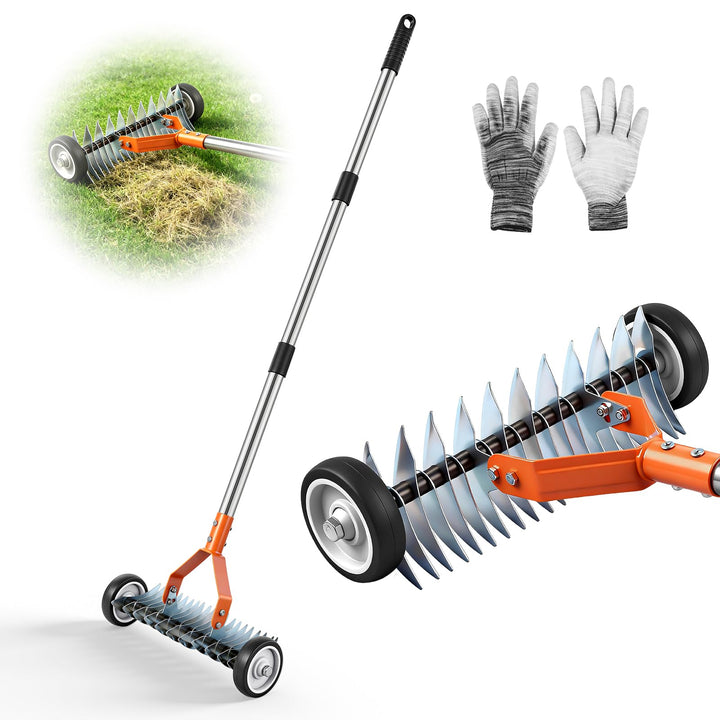 Rasen Rakel,166 cm Handvertikutierer,Gartenrechen Verstellbar,Rasenlüfter mit Rädern,zum Entfernen v