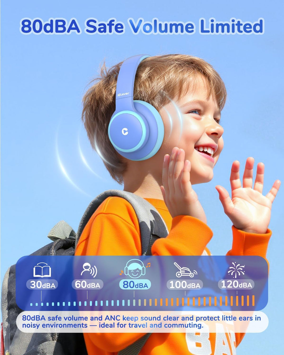 iiClever Noise Cancelling Bluetooth Kopfhörer Kinder, 60 Spielzeit, Sichere Lautstärke 80 dBA, Typ-C