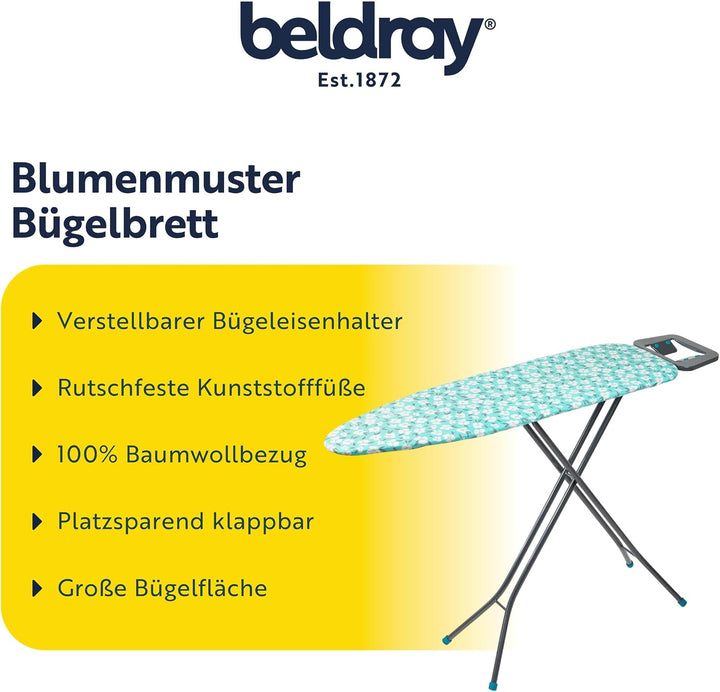 Beldray LA023995POPEU höhenverstellbar Bügeltisch, Blumenmuster Bügelbrett mit Fester Bügeleisenabla