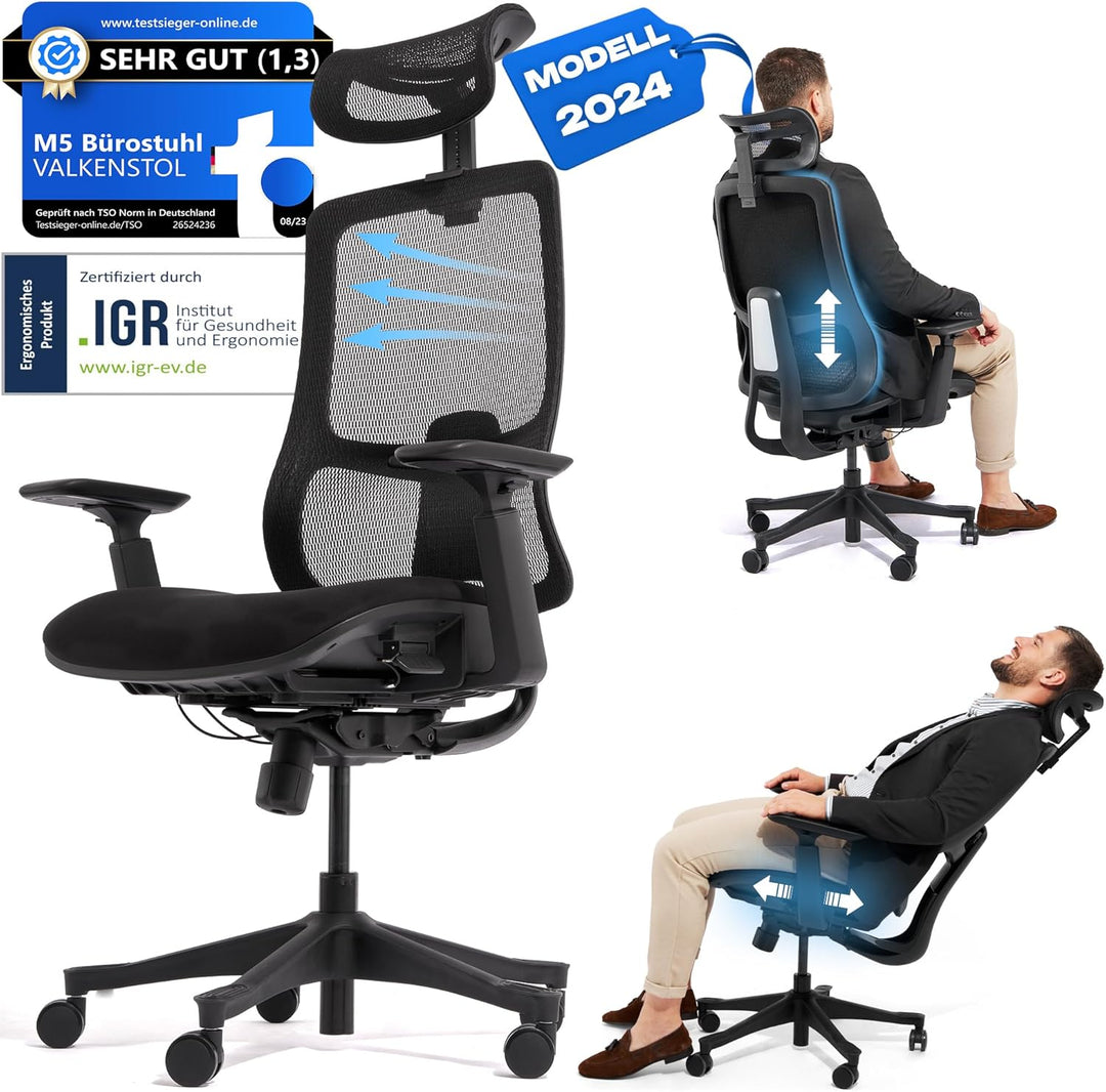 VALKENSTOL M5 Bürostuhl Ergonomisch - Höhenverstellbare Rückenlehne, Polster-Sitz - Ergonomischer Bü