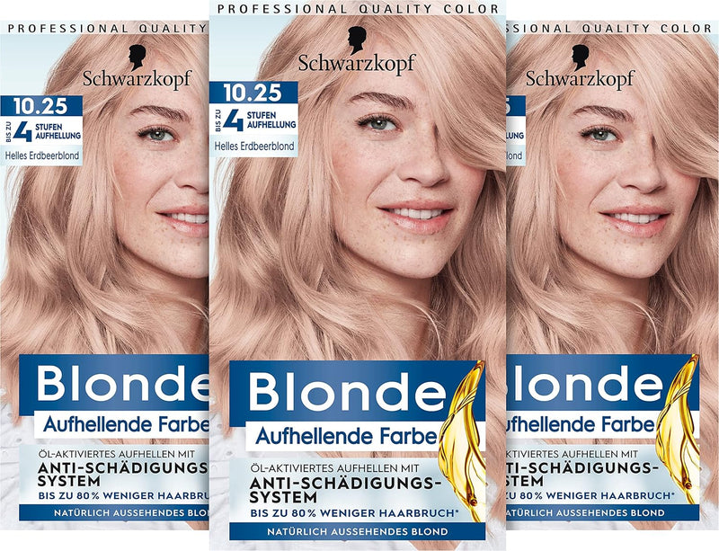 Schwarzkopf Blonde Aufhellende Farbe 10.25 Helles Erdbeerblond (3 x 142 ml), Haarfärbemittel für Öl-