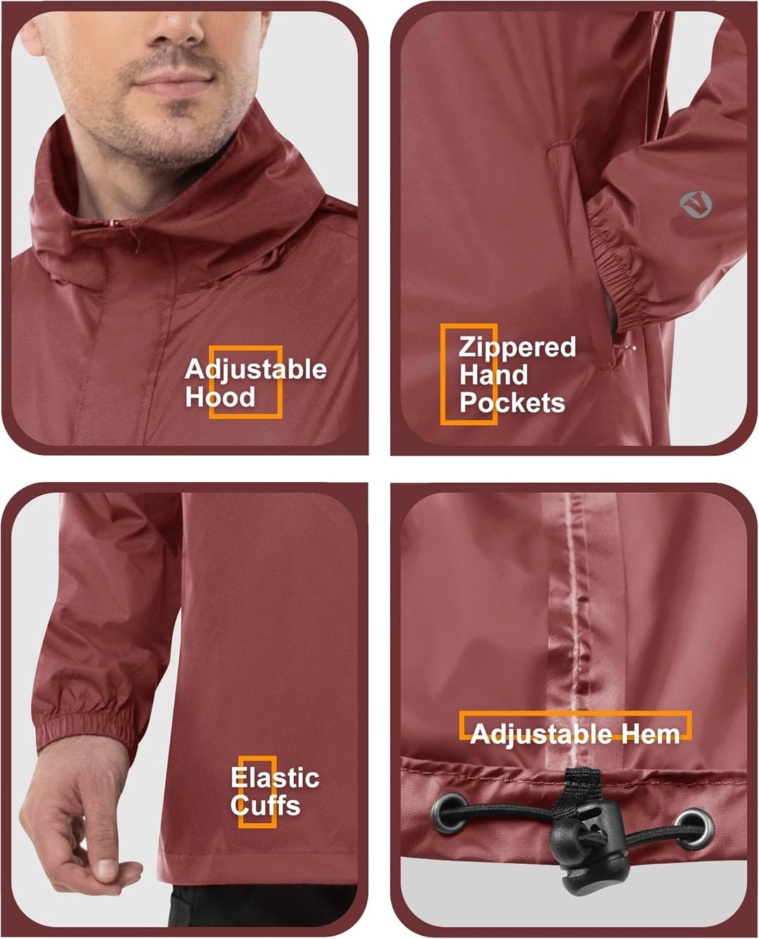 Outdoor Ventures Herren Regenjacke Wasserdichter Pullover mit Kapuze Packbare Reflektierende Jacke L