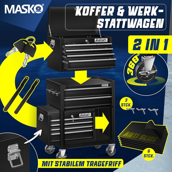 MASKO® Werkstattwagen inkl. Koffer - 9 Fächer Abschliessbar | Massives Metall | Mobiler Werkzeug-Wag