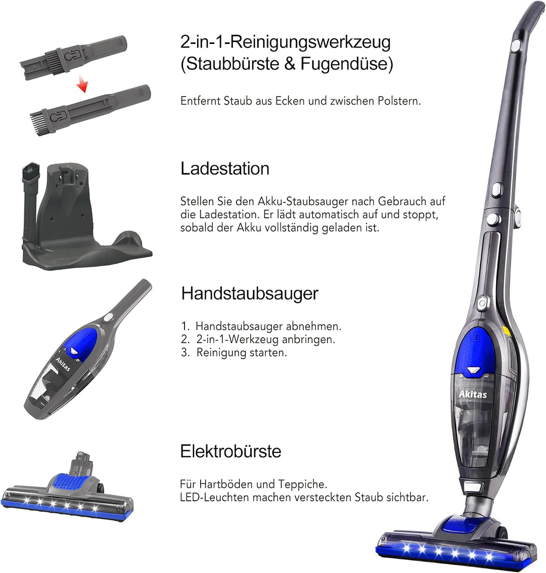 Akitas U10 2in1 Akku Staubsauger Beutellos, bis zu 30Min Laufzeit, Freistehend, 180° Drehgelenk，LED-