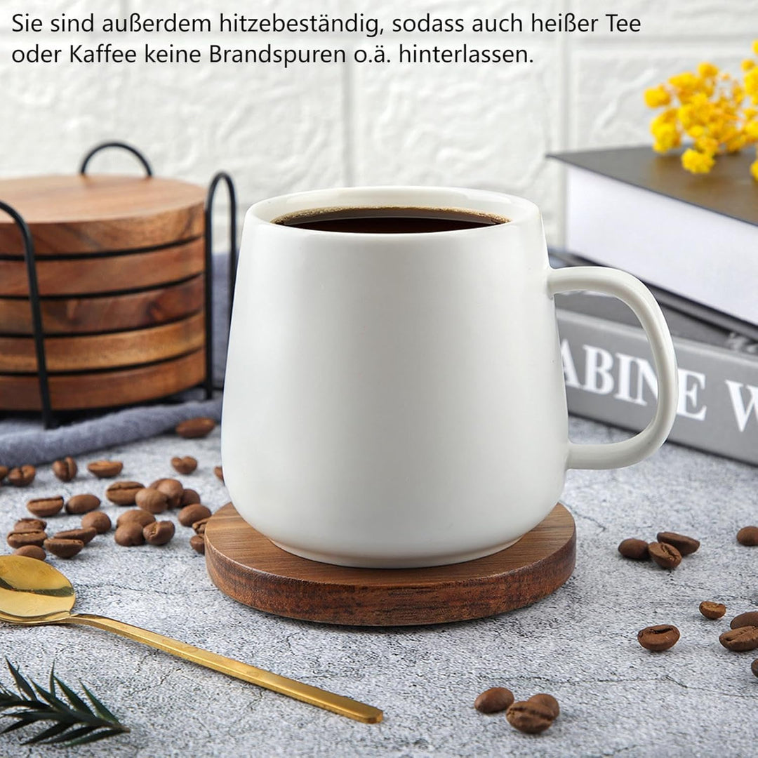Untersetzer Gläser Holz 6er Set, Untersetzer aus Akazienholz & Filz mit Halter, Glasuntersetzer Holz