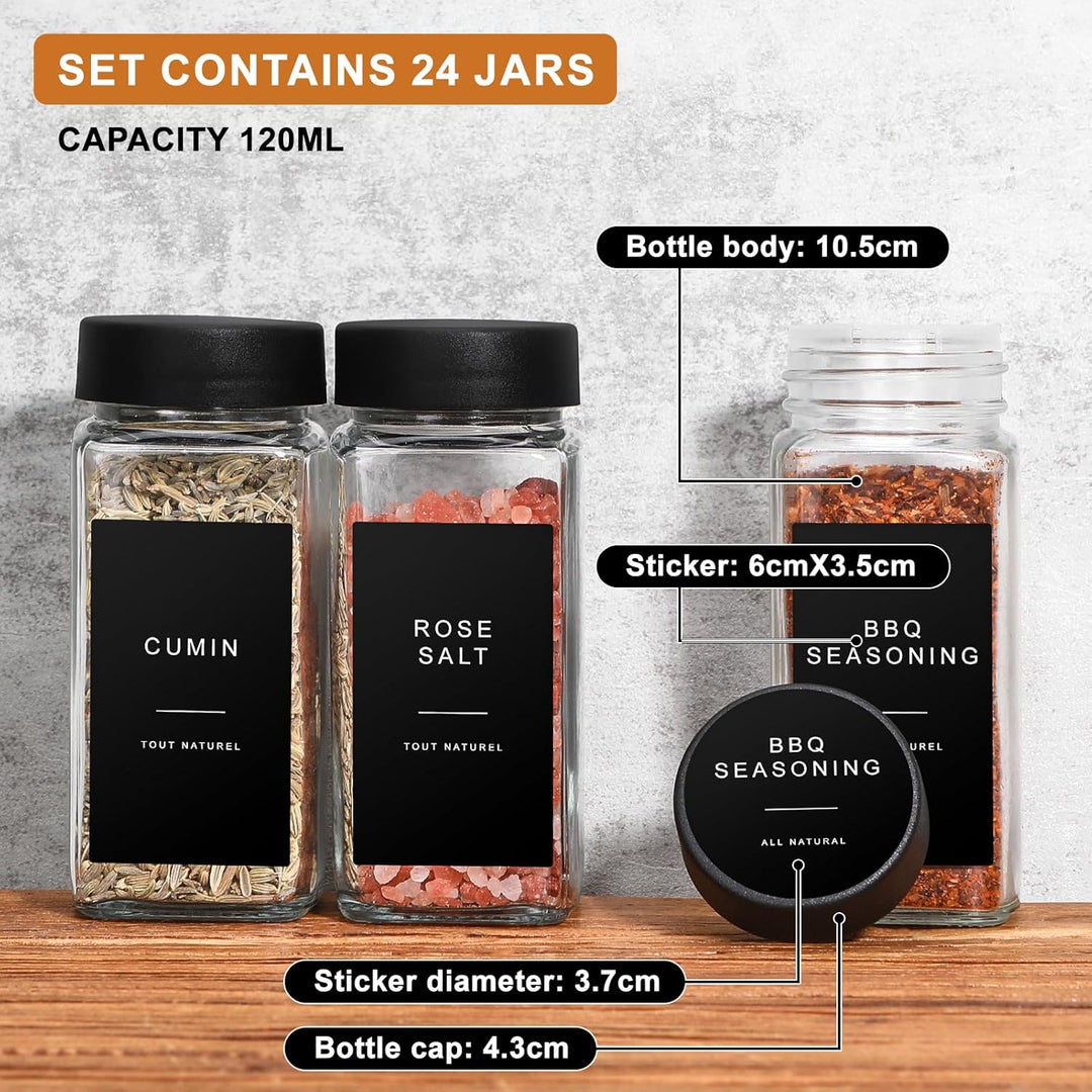 Gewürzgläser Eckig Set [24x 120ml] mit Schwarzer Deckel, 243 Wasserfeste Label, Gewürzdosen Gewürzst