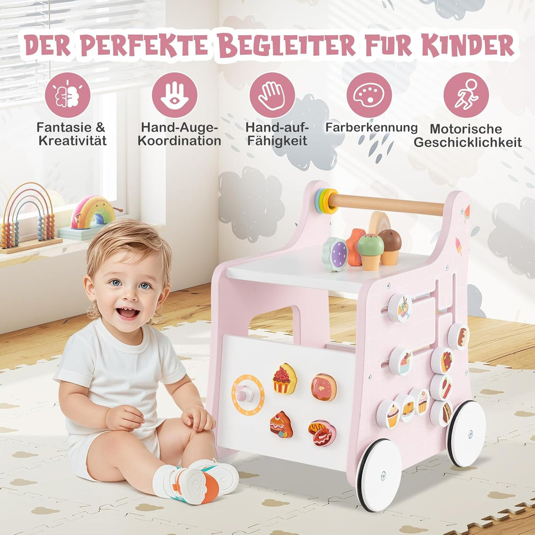 COSTWAY Lauflernwagen Holz, Lauflernhilfe mit Stauraum, Dessertladen auf Rädern mit Eiscreme, Schieb