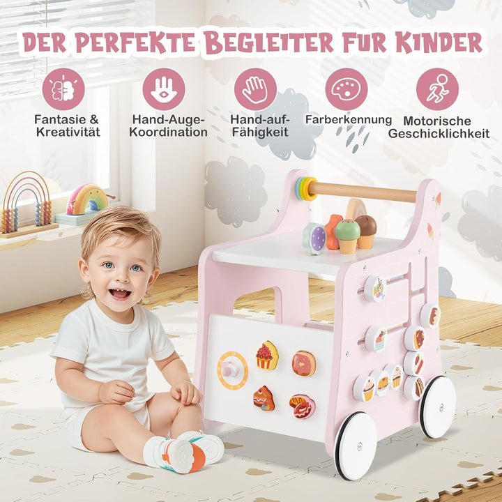 COSTWAY Lauflernwagen Holz, Lauflernhilfe mit Stauraum, Dessertladen auf Rädern mit Eiscreme, Schieb
