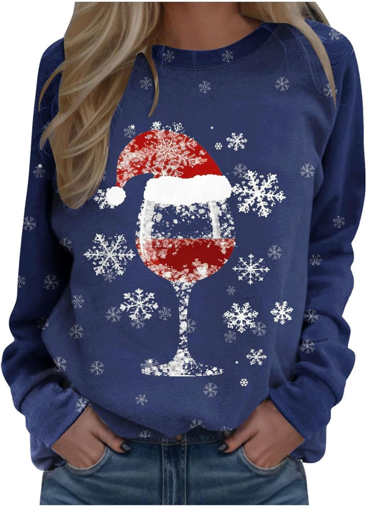 Weihnachtspullover Damen Weinglas Schneeflocken Druck Langarmshirt Farbverlauf Weihnachtspulli Chris