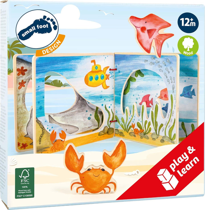 small foot Bilderbuch Unterwasserwelt, interaktives Buch aus Holz für Kinder, mit Krabbe und Fisch,