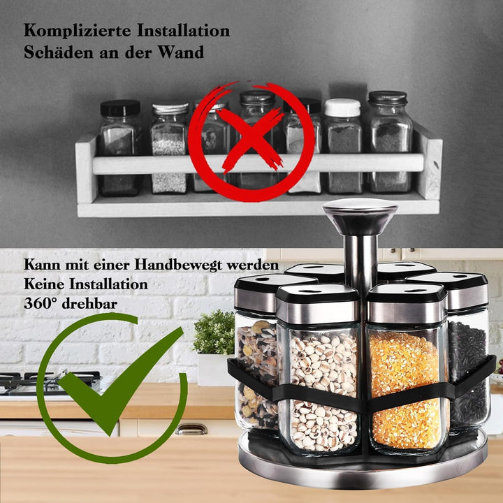 SIAZIH 360° Gewürzkarussell Drehbar, Gewürze Organizer mit 6 x 120ml Gewürzgläser, 360° Grössenverst