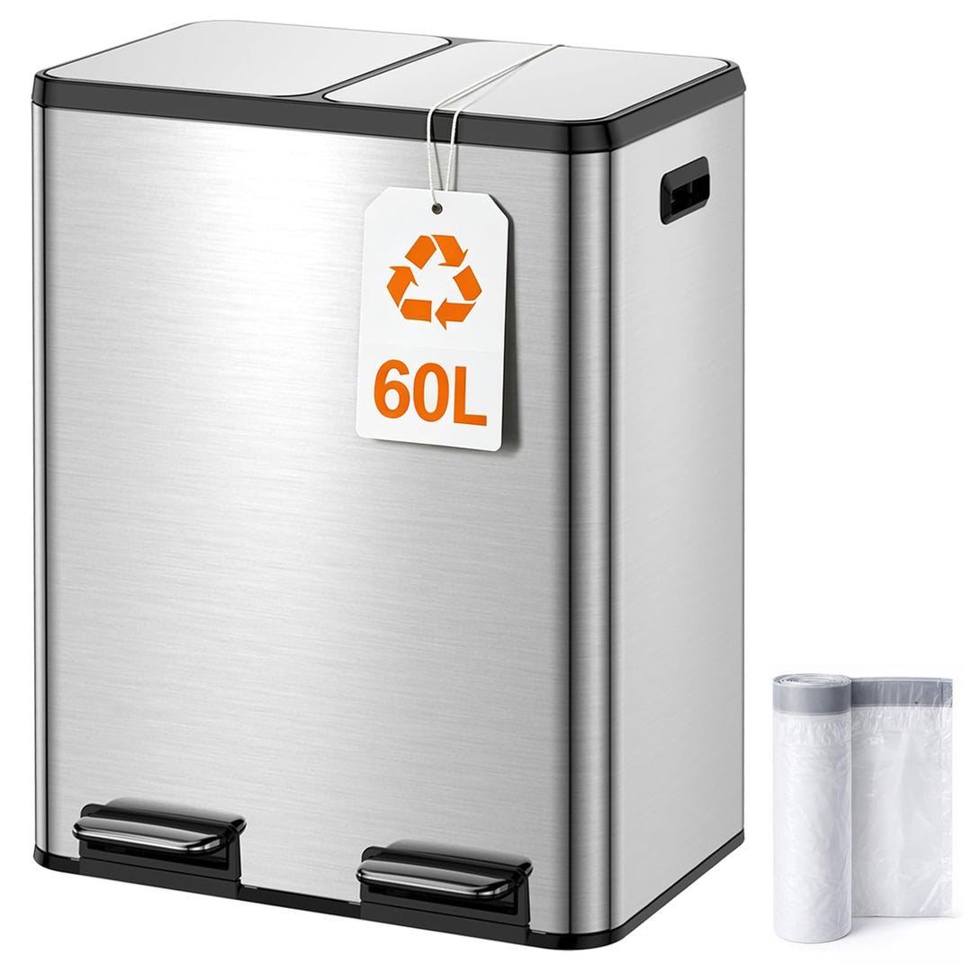 YEAUPE PRO Mülleimer Küche 2x30L Edelstahl, 60L Doppel Treteimer Mülltrennung, Abfalleimer mit Soft