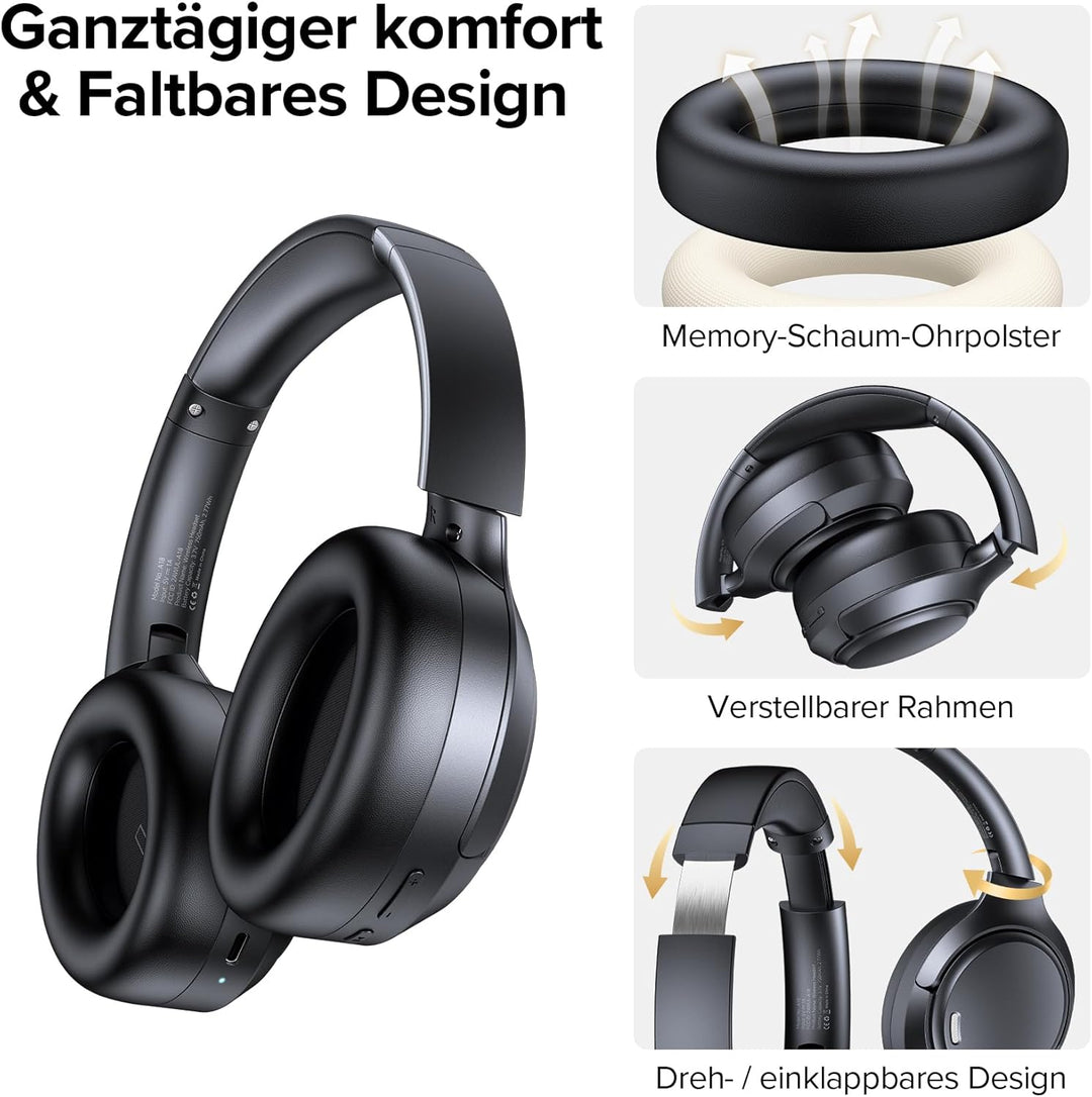 Bluetooth Over Ear Kopfhörer mit 6 ENC Mikrofonen & Hybrid ANC, 100 Std Akku, Faltbares Design, Komf