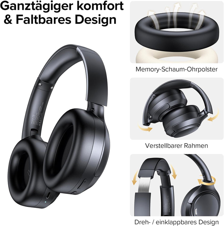 Bluetooth Over Ear Kopfhörer mit 6 ENC Mikrofonen & Hybrid ANC, 100 Std Akku, Faltbares Design, Komf