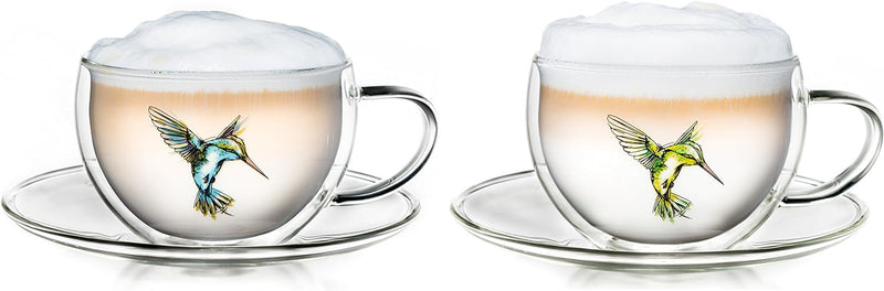 Creano 2er-Set Thermo-Tasses Hummi für Tee/Latte Macchiato, doppelwandig, mit Kolibri-Muster | 250ml