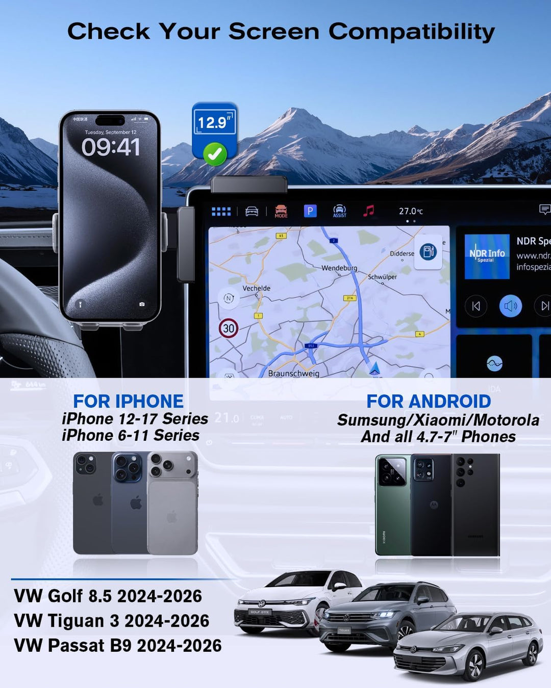 Handyhalterung für VW 12,9 Zoll Display, Golf 8.5/Tiguan 3/Passat B9, Golf/Tiguan/Passat 2024-2026 A