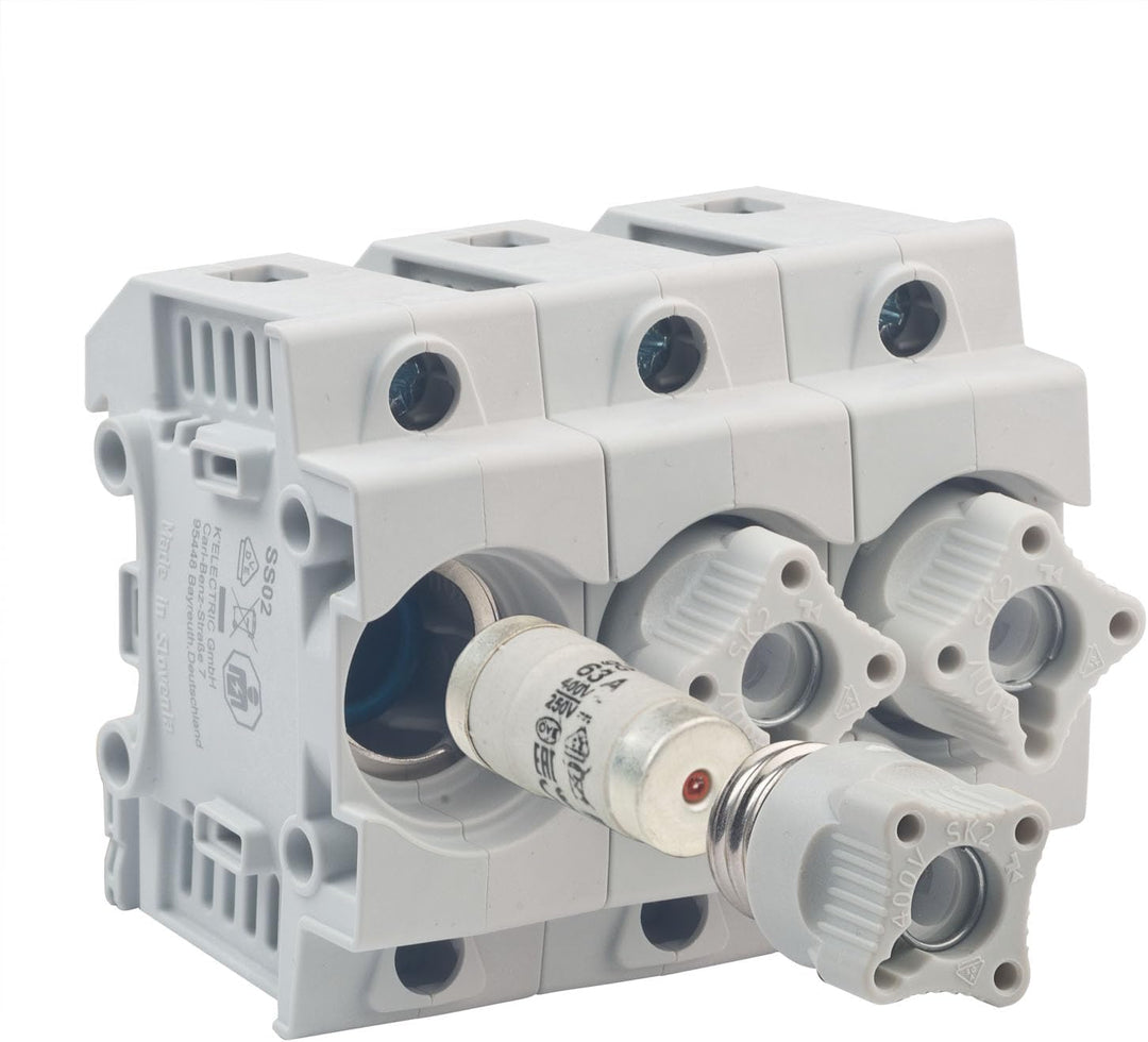 grenda-hammer® | Neozed Sicherungssockel mit Schraubkappen und 3x Schmelzsicherungen (D02-3x63 Ampèr