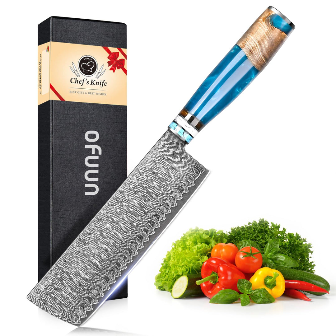 oFuun Damast Kochmesser Profi Messer Nakiri, Scharfes Küchenmesser Messer Chefmesser 20cm Japanische