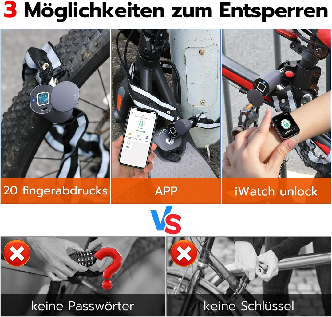 Eseesmart Fingerabdruck Kettenschloss Fahrradschloss Fingerabdruck mit Fingerabdruck Telefon-App 100