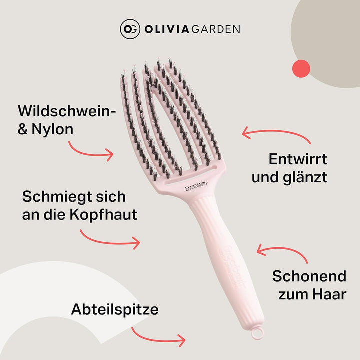 Olivia Garden Fingerbrush Care Iconic - Medium - Pastellrosa - Entwirrende Haarbürste mit Wildschwei