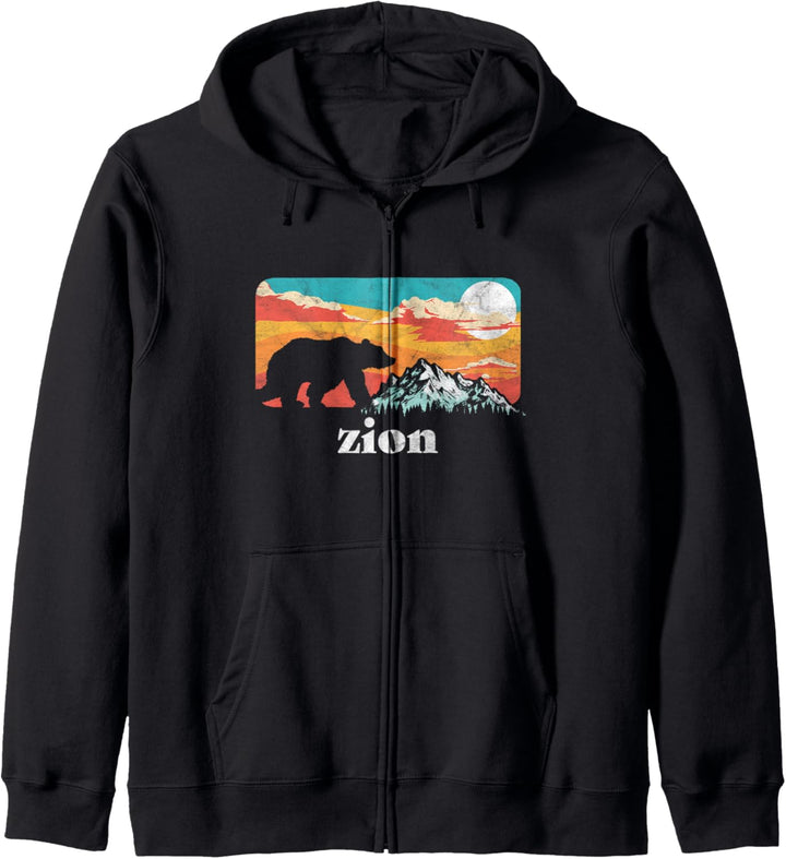 Zion Retro Bear & Mountain Vintage 80s Graphic Kapuzenjacke