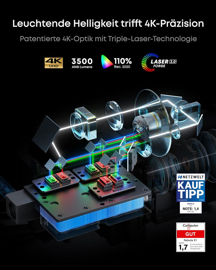 NEBULA X1 Triple Laser 4K Beamer, 3500 ANSI Lumen, 56000:1 Kontrast, 40W Stereo Sound, 0,9-1,5 optis
