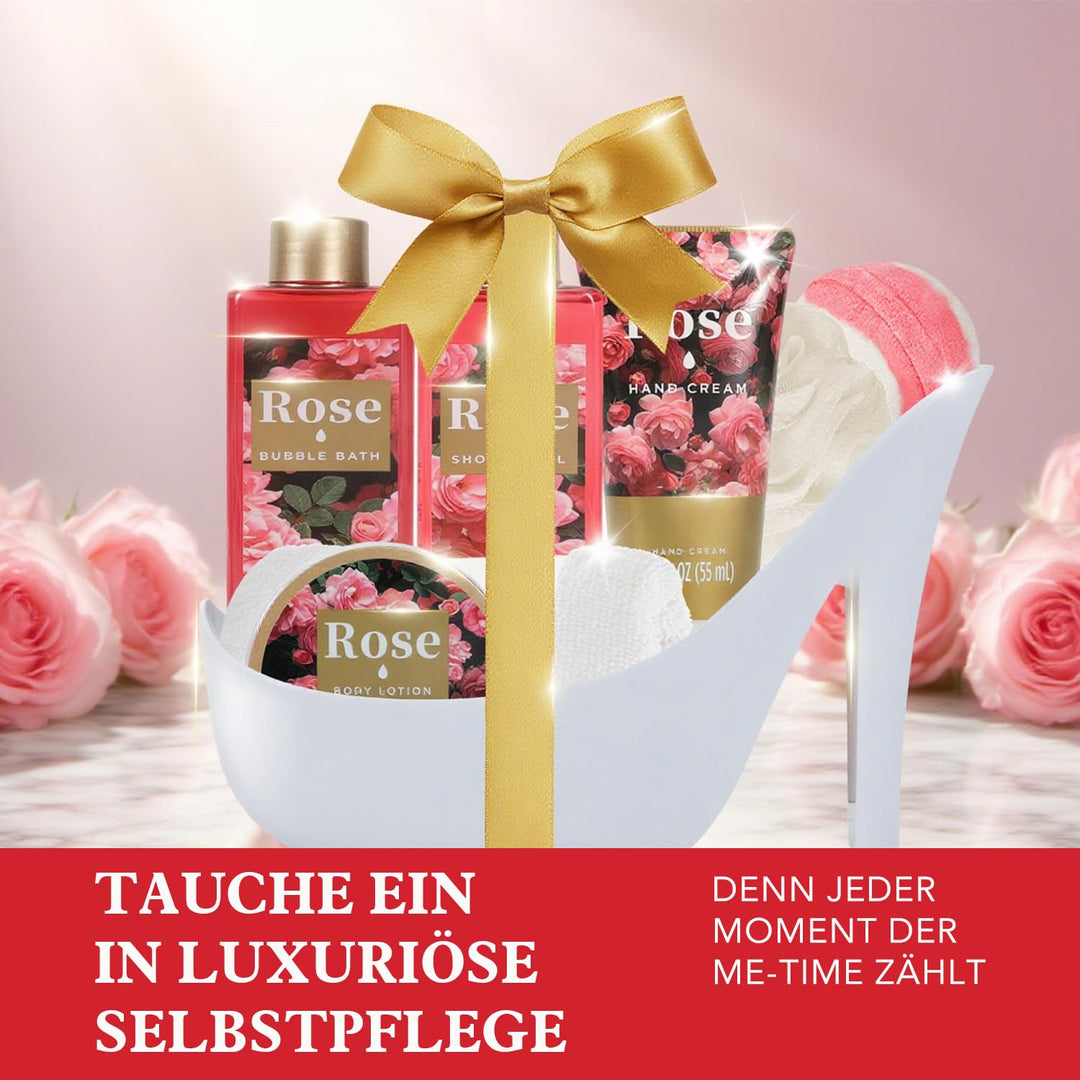 SPA LUXETIQUE Wellness Set für Frauen - 8tlg Rosenduft Bade Geschenkset mit Duschgel,Bodylotion,Scha