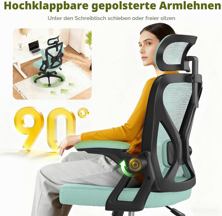 Bürostuhl, ergonomischer Schreibtischstuhl mit gepolsterter Lendenwirbelstütze und hochklappbaren Ar