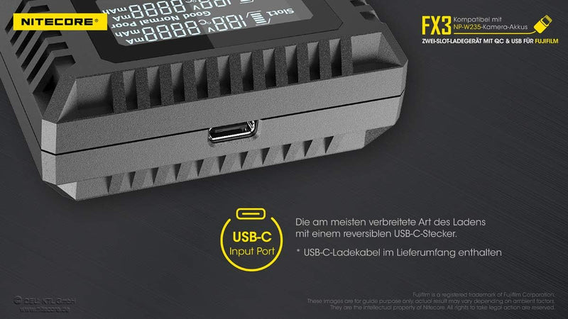 Nitecore FX3 Fujifilm W235 Hour Dual Slot Akku USB Ladegerät Fuji W235, Fuji W235