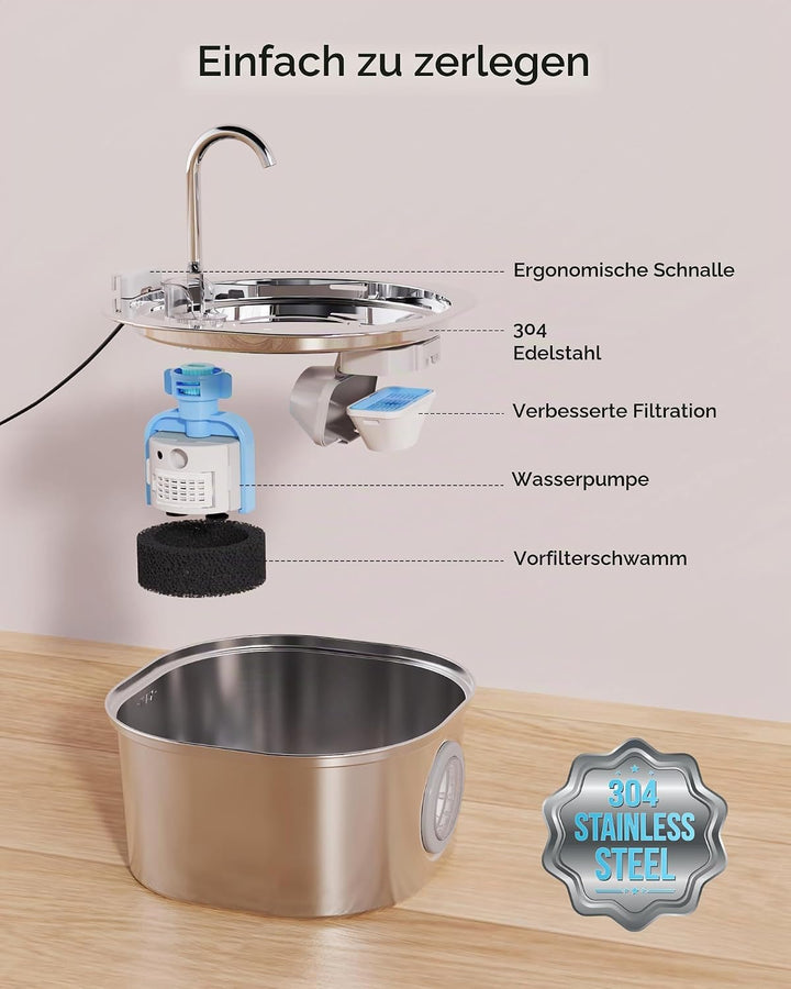 PEKTACO 3.2L Katzen Trinkbrunnen mit Sichtfenster – Edelstahl-Trinkbrunnen für drinnen, Wasserspende