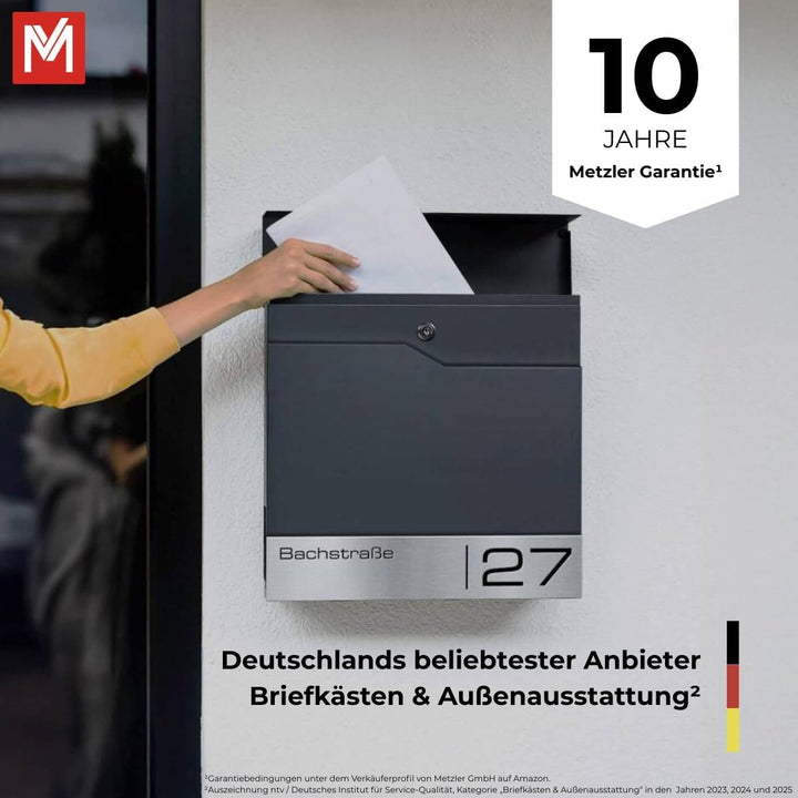 Metzler Wandbriefkasten mit Zeitungsfach und verdecktem Schloss Anthrazitgrau RAL 7016, DIN-A4-Einwu
