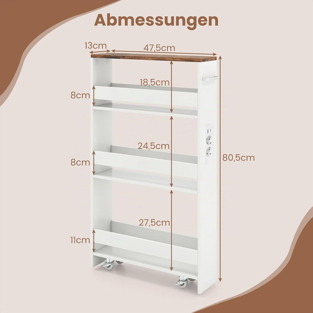 COSTWAY Nischenwagen 13cm breit, 4 Etagen Küchenwagen schmal mit Ladestation, Nischenregal auf Rolle