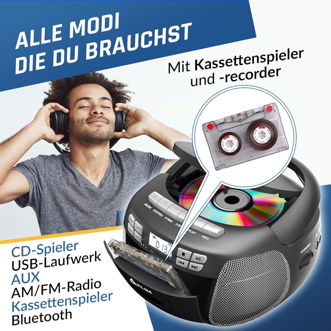 KLIM CD Player mit Kassette, Kassettenspieler, Kassettenrekorder, Radio mit CD und Kassette, CD Play