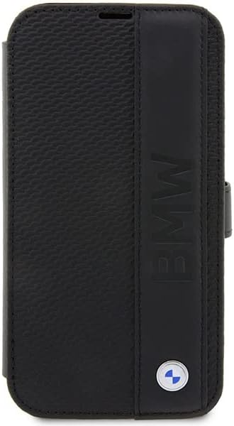 BMW BMBKP14X22RDPK Hülle für iPhone14 Pro Max 6,7" Schwarz Bookcase Leather Textured&Stripe