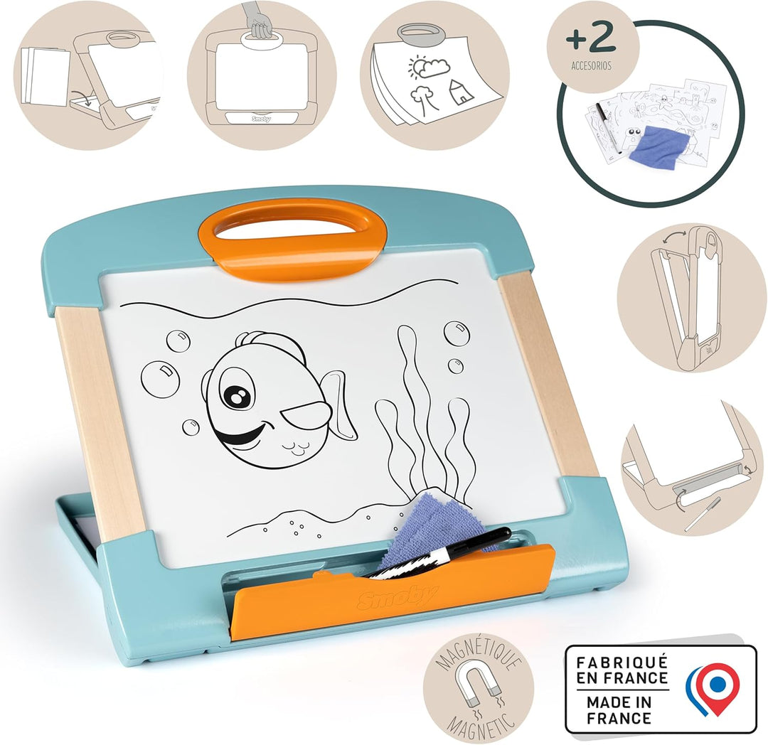 Smoby -Tisch-Maltafel Holz – Magnetische Schreib- und Zeichenfläche – Wasserlösliche Stifte und Aufb