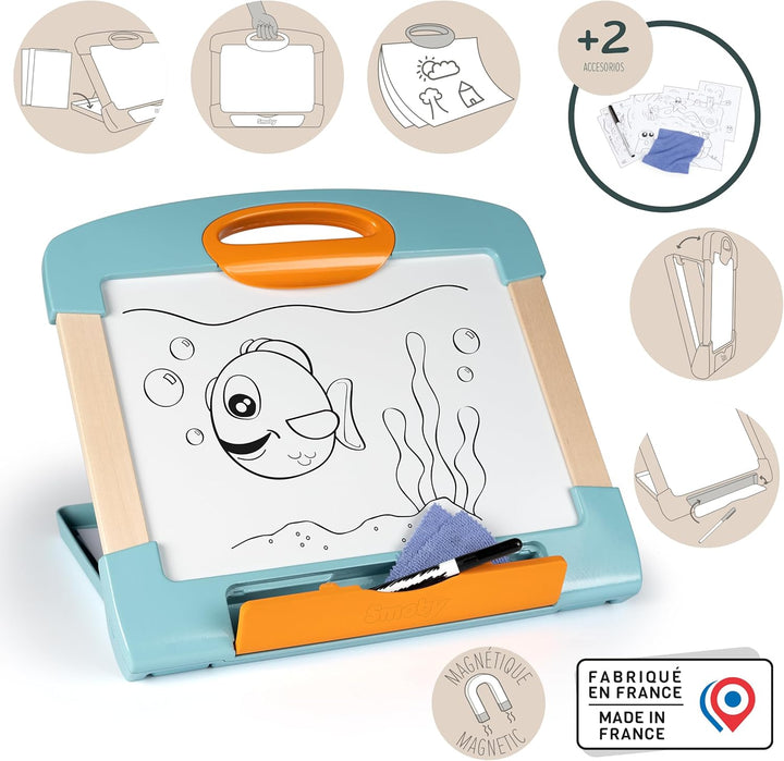 Smoby -Tisch-Maltafel Holz – Magnetische Schreib- und Zeichenfläche – Wasserlösliche Stifte und Aufb