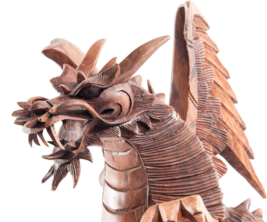 Windalf Handarbeit Holzfigur Drache BRAINN 30 cm Stehender Holz-Drache mit Flügeln Glücksbringer Sch