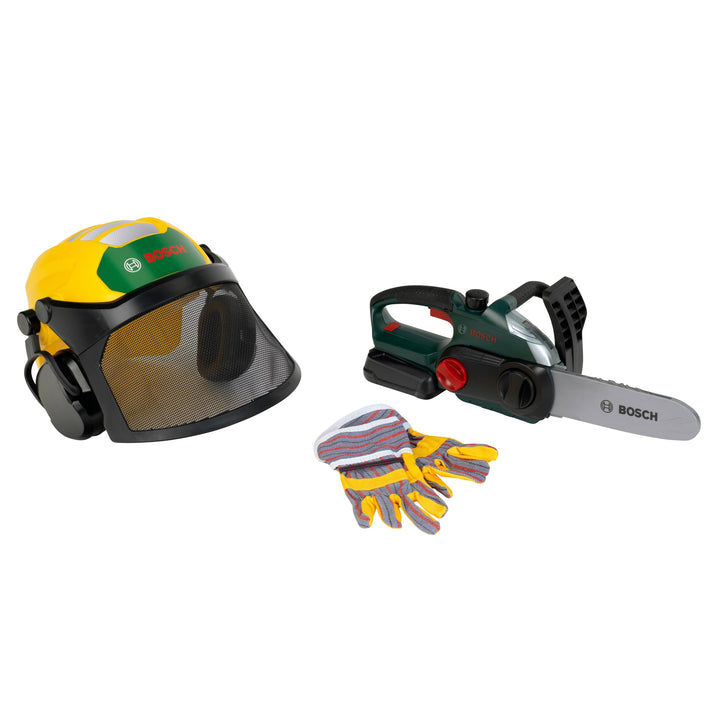 Theo Klein 8197 Bosch Waldarbeiter-Set Mit Kettensäge, Forsthelm & Handschuhen Realistisches Sägeger