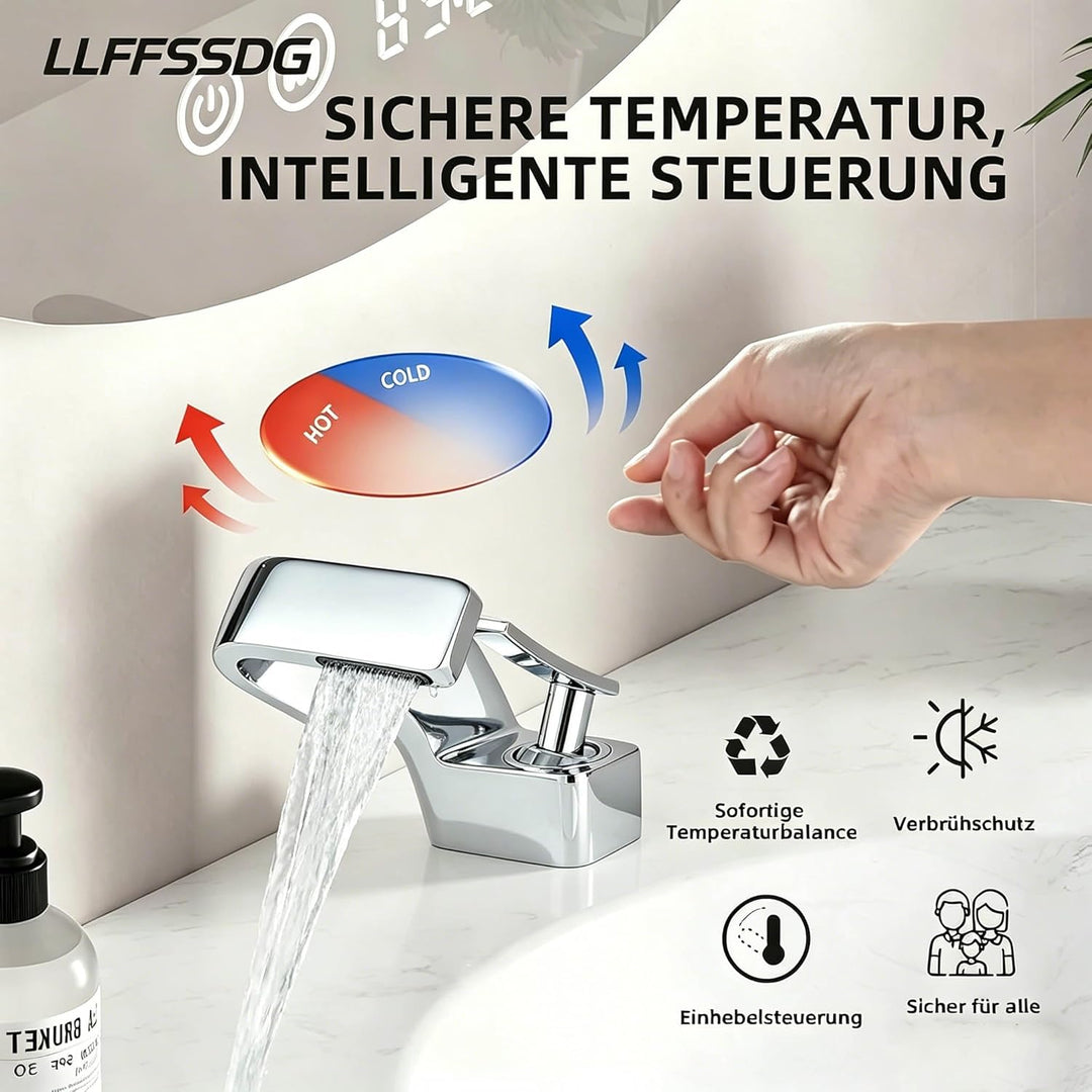 Waschtischarmatur, Wasserfallarmatur, Einhebelmischer Silber Messing, 360° schwenkbar – Armatur Bade