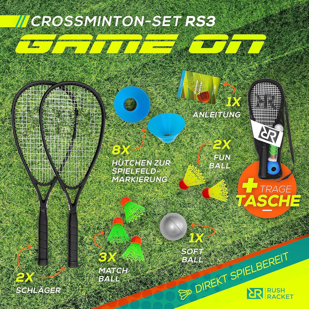 Rush Racket Set RS3 Speed Badminton Set 5-teilig (2X Schläger, 5X Federbälle, 1x Softball, 8X Feldma