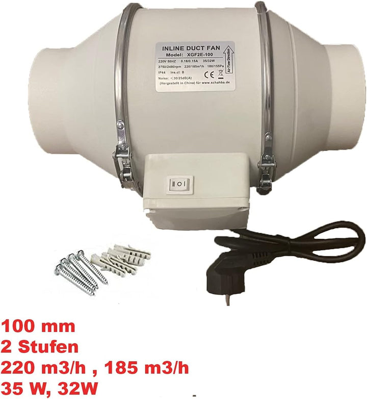 Rohrventilator Lüfter Badlüfter 100 mm - 2-stufig mit Schalter, Kugellager, Fuss & Kabel - IP44 Schu
