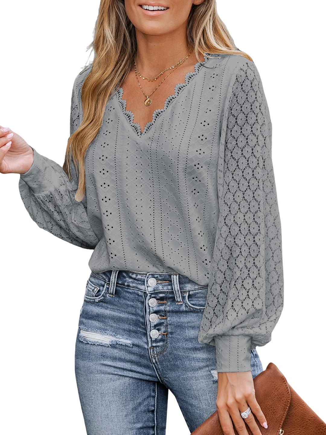 CUPSHE Damen Blusen V-Ausschnitt Spitzen Wellenkante Puffärmel Langarmshirt Lässige Lace Oberteile T