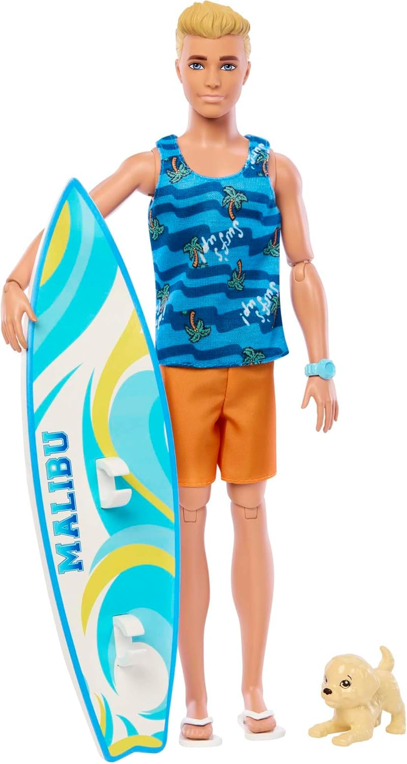 Barbie Ken Surfer Set - Bewegliche Blonde Ken-Puppe mit Surfbrett, Hündchen und Strand-Accessoires f