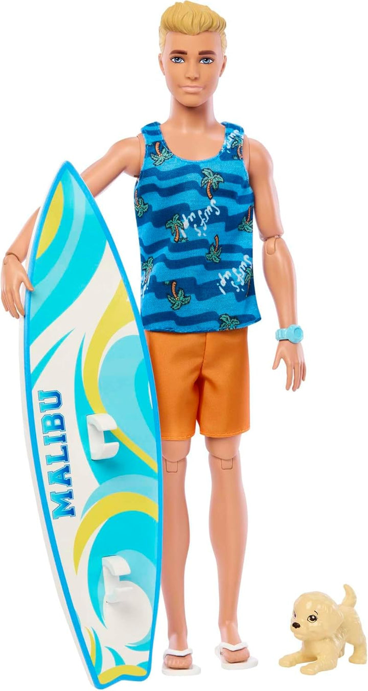 Barbie Ken Surfer Set - Bewegliche Blonde Ken-Puppe mit Surfbrett, Hündchen und Strand-Accessoires f