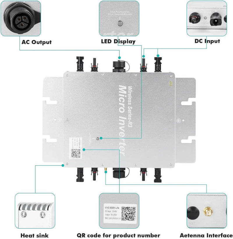 BuyWeek 1200W Balkonkraftwerk Grid Tie Inverter, Wechselrichter Solar Automatische Identifizierung,