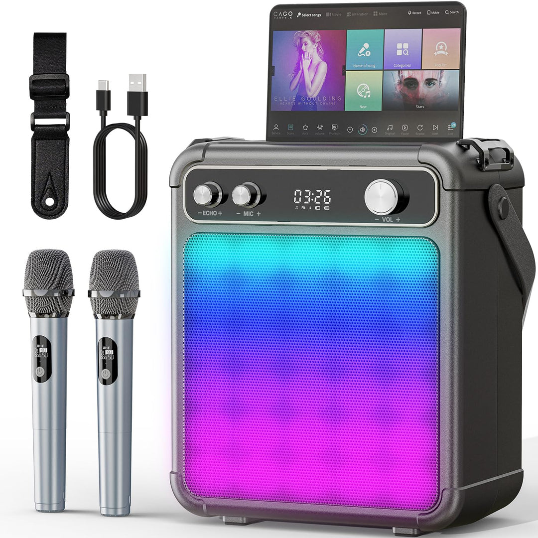 Karaoke Maschine mit 2 Mikrofonen, tragbarer Bluetooth Karaoke System mit LED Lichtern, Stereo TWS,