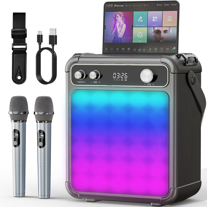 Karaoke Maschine mit 2 Mikrofonen, tragbarer Bluetooth Karaoke System mit LED Lichtern, Stereo TWS,