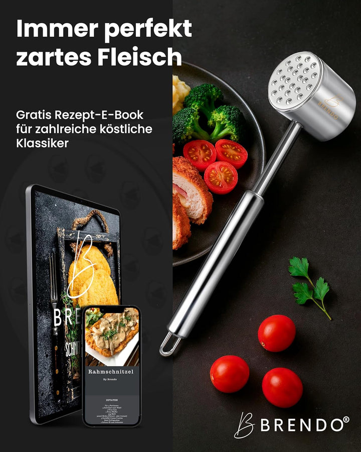 Brendo Edelstahl Fleischklopfer - Ideal für alle Fleischsorten mit Flacher & zackiger Schlagfläche I