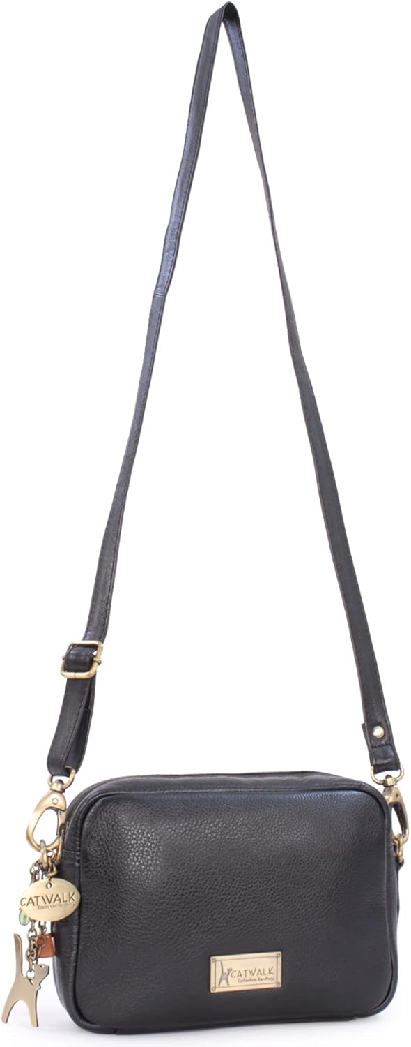 Catwalk Collection Handbags - Leder - Klein Umhängetasche Messenger/Schultertasche - POLLY Schwarz,