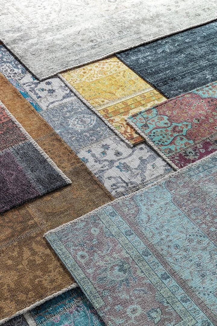TESSO LIVING Kelim Patchwork Teppich Wohnzimmer Blau 80 X 195 cm, Moderner Kurzflor Teppich, Super S